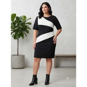 Alex Marie Black and White Colorblock Dress With Assemetric Stripes